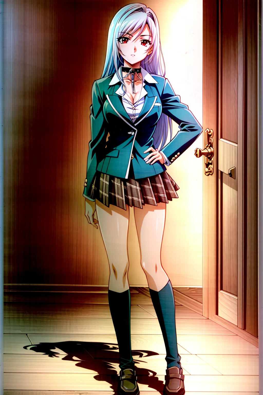 (extremely detailed CG unity 2k wallpaper),(anime coloring),(masterpiece),(best quality),(ultra-detailed),(best illustration),(best shadow),(absurdres),(detailed background), <lora:OGT_Moka_Akashiya-v3:1> Inner Moka Akashiya, 1girl, solo, long hair, skirt, school uniform, cleavage, breasts, red eyes, hand on hip, choker, jacket