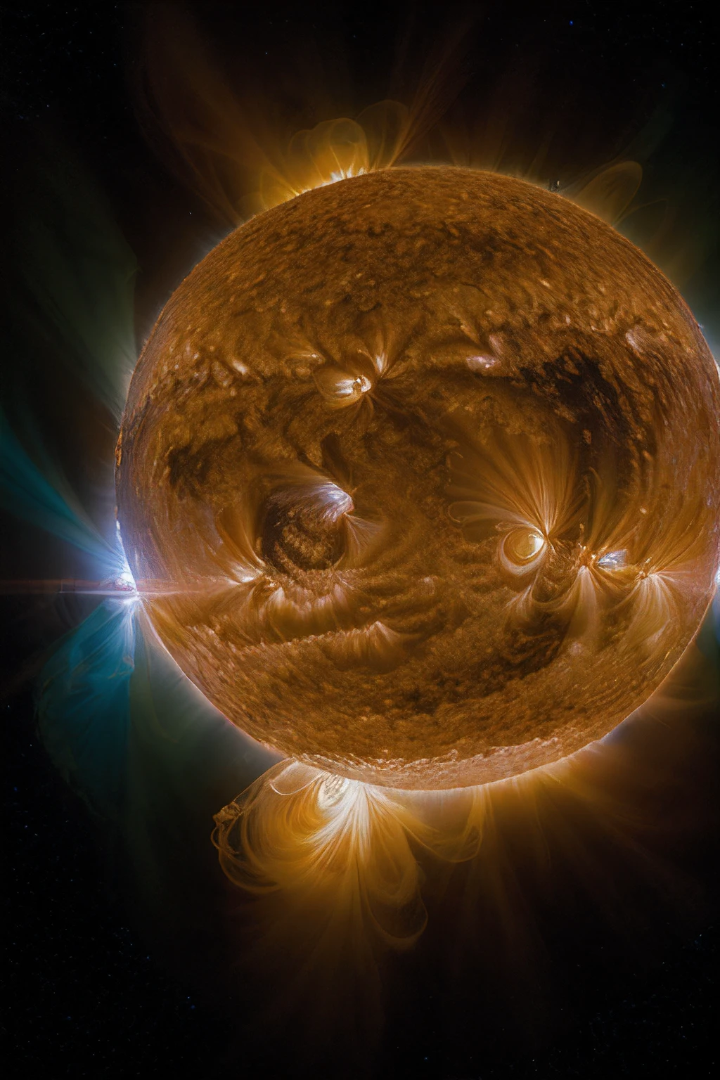 a RAW photograph of a (5un5p0t sun:1.2)with sunspots and solar flares,in vast empty outer space,HDR,(wide angle shot:1.2),sharp focus,(highly detailed),(8k wallpaper),intricately detailed,highres,absurdres,hyper realistic,8K UHD DSLR,IMAX,extremely intricate,4k textures,cinematic look),hyperdetailed,<lora:C0r0n4_06B-000002:0.9>,