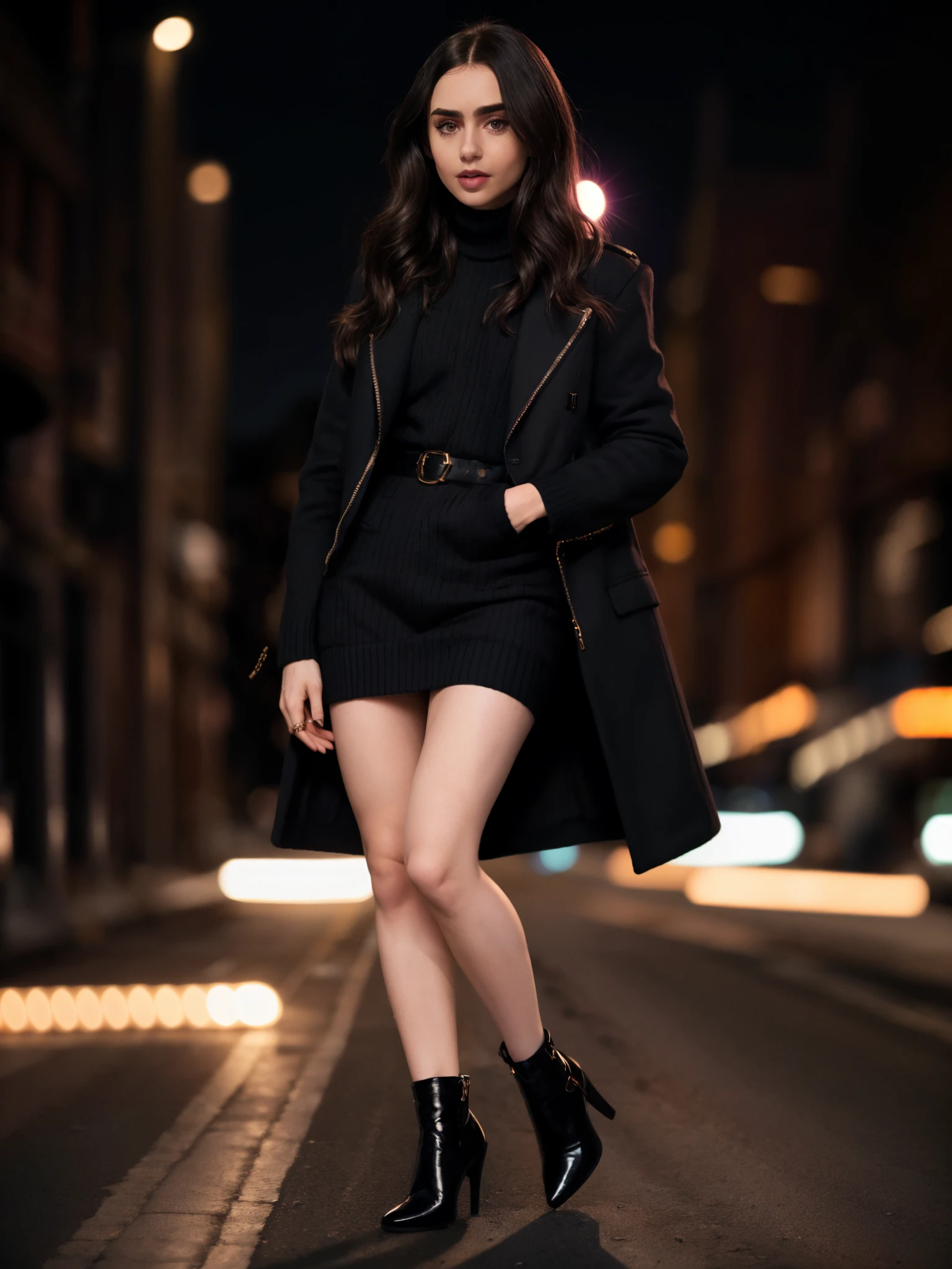 llcoll,long hair,black hair,full body,jacket,sweater,bare legs,high heels,night,bokeh,neon lights,masterpiece,city street,