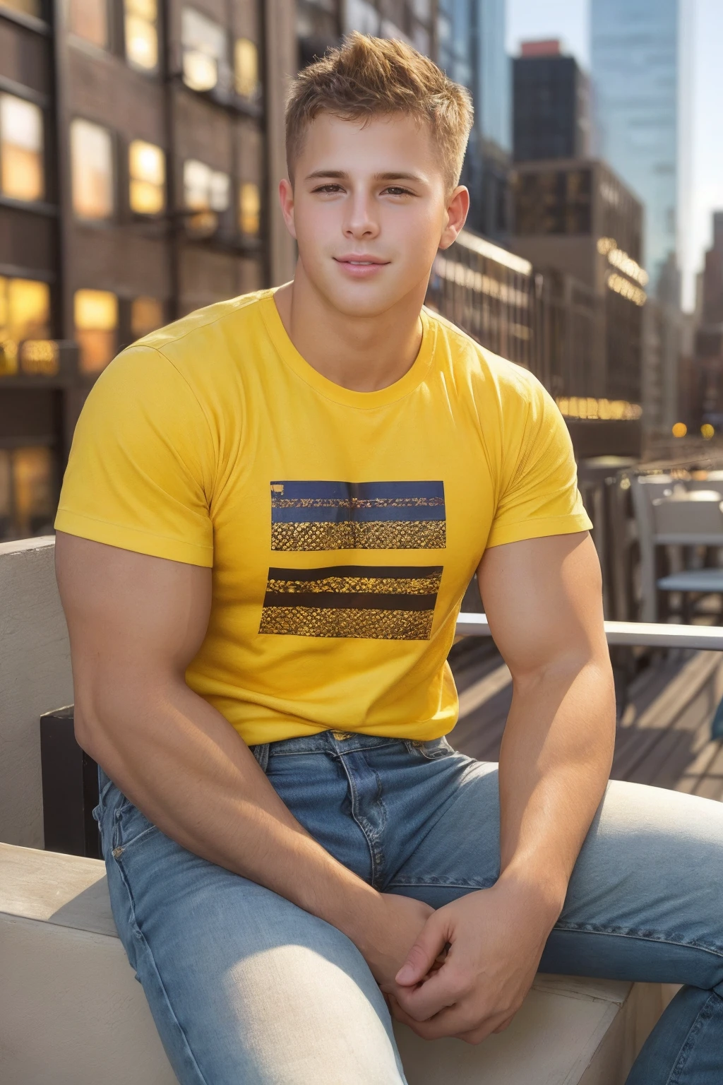male focus, photo of sc_nxn <lora:sc_nxn-07:0.85>, relaxed confident expression, sitting on the edge of a New York City rooftop, urban aesthetic, wearing a well-fitted yellow graphic t-shirt and jeans, blurred background, light bokeh, golden hour, depth of field, subtle shadows