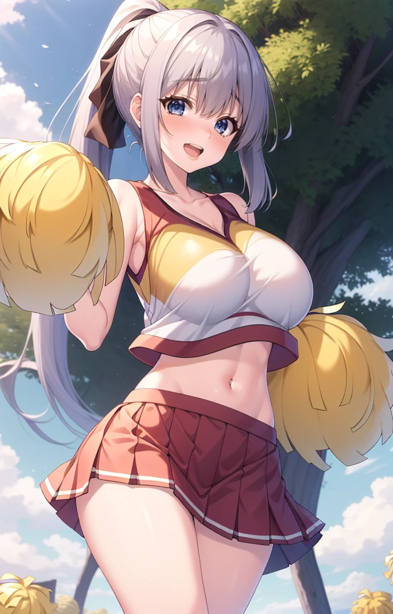 masterpiece, best quality, intricate, absurdres, cowboy shot, 1girl, solo, looking at viewer, 8k, hdr, raytracing, (outdoors, outdoor gym, career, nature, field, grass), <lora:Chieri_Shizukuishi:0.8>, Chieri Shizukuishi, silver hair, (gradient hair), (short bangs:1.5), blue eyes, large breasts, very long ponytail, red skirt, pleated skirt, yellow pom pom (clothes), pom pom (cheerleading), holding pom poms, collarbone, midriff, navel, open mouth, happy, hands up, dutch angle,