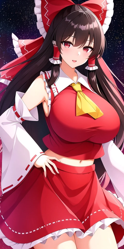 <lora:ReimuV3:0.7> hakureireimu, huge_breasts, standing, solo, nontraditional_miko_Yellow_ascot_Red_crop_top_Collared_shirt_Detached_sleeves_Ribbon_trim_Red_skirt, starry_sky,, masterpiece, best quality, detailed face, detailed eyes, highres,