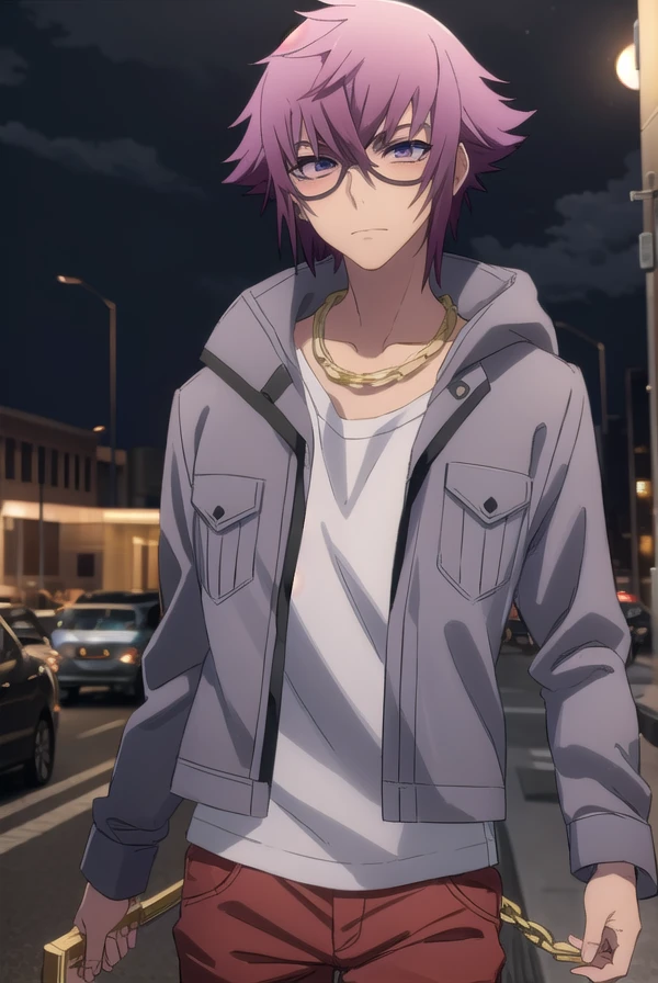 yuuyamirokuji, <lora:yuuya mirokuji s1-lora-nochekaiser:1>,
yuuya mirokuji, purple hair, male focus, sunglasses,
BREAK necklace, chain, jacket, grey jacket, pants, red pants, shirt, white shirt,
BREAK outdoor, city, night, sky, buildings, moon, clouds,
BREAK looking at viewer, (cowboy shot:1.5),
BREAK <lyco:GoodHands-beta2:1>, (masterpiece:1.2), best quality, high resolution, unity 8k wallpaper, (illustration:0.8), (beautiful detailed eyes:1.6), extremely detailed face, perfect lighting, extremely detailed CG, (perfect hands, perfect anatomy),