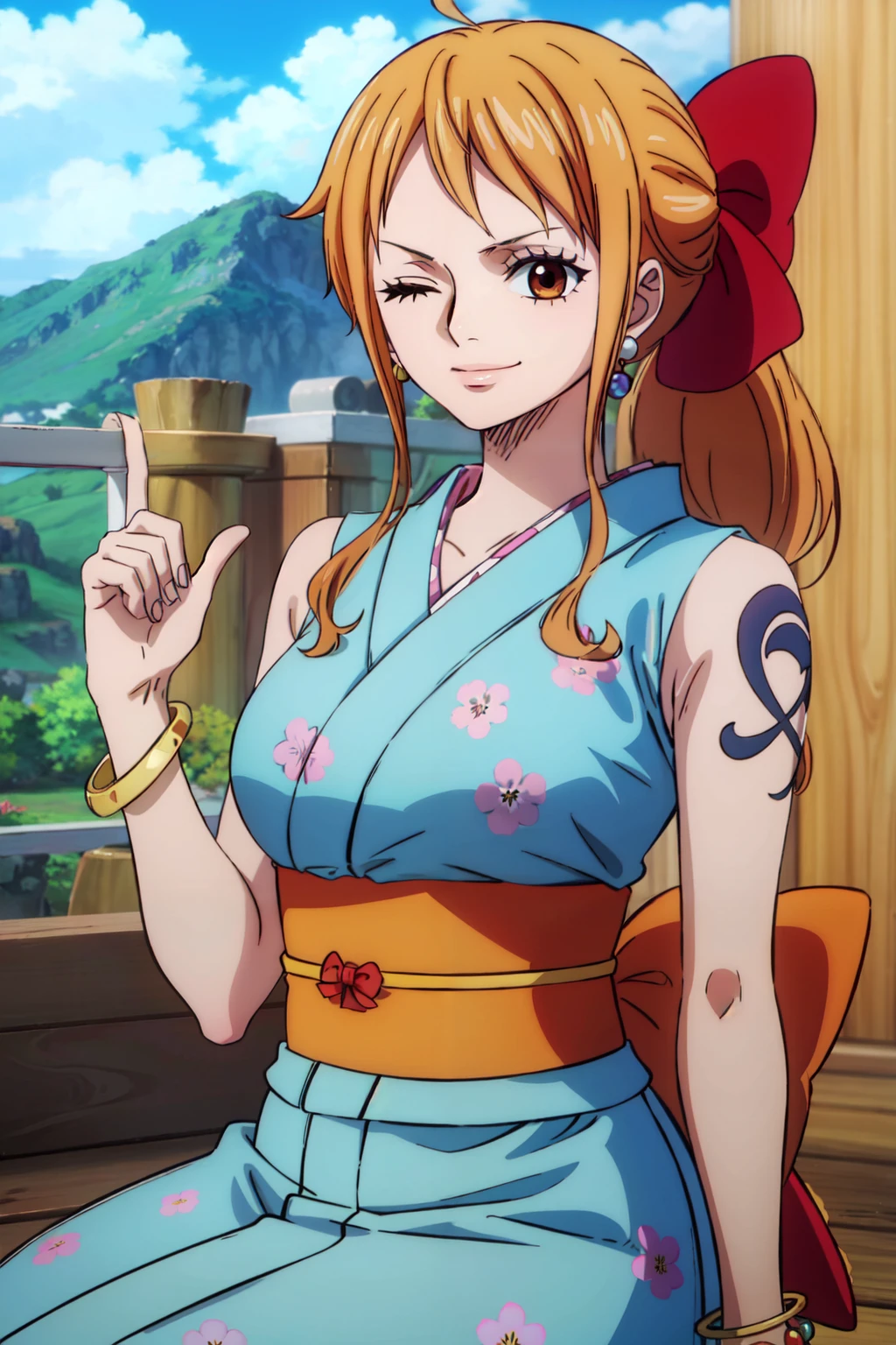 2d, masterpiece, best quality, anime, highly detailed face, highly detailed background, perfect lighting, wano, nami, 1girl, solo, one eye closed, long hair, smile, jewelry, sash, japanese clothes, obi, orange hair, kimono, bow, light blue kimono, flower, flower print, earrings, looking at viewer, sleeveless kimono, ahoge, ribbon, hair bow, sky, day, bracelet, sleeveless, ;\), blue bow, outdoors, breasts, cloud, closed mouth, ponytail, blue sky, brown eyes, orange eyes, left shoulder tattoo, bare shoulders, very long hair, sidelocks, bangs, collarbone, upper body, left arm tattoo, bare arms, official alternate costume, blurry, hand gesture, alternate costume, medium breasts, blurry background, large breasts, eyelashes, mountain, parody, cloudy sky, sitting, shiny hair, bangle, wavy hair, <lora:Nami_Pos768-10:1>  <lora:wanostyle:1>