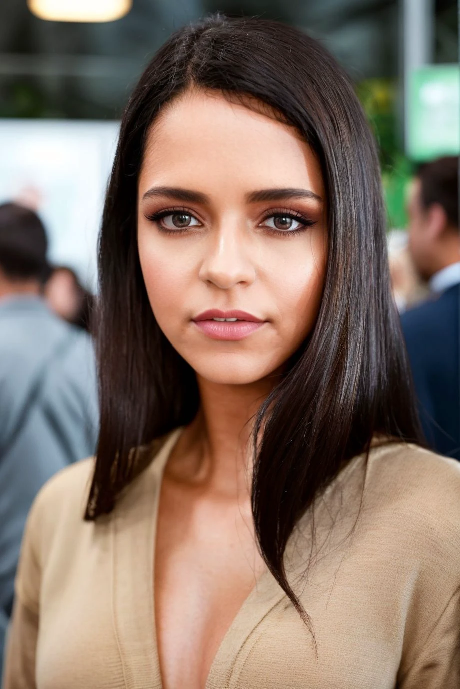 A full color portrait of a beautiful woman, appareled in a beige henley, busy trade fair, <lora:epiNoiseoffset_v2:1>, closeup from above, epic character composition,by ilya kuvshinov, alessio albi, nina masic,sharp focus, subsurface scattering, f2, 35mm, film grain , latina  <lora:viennabl:1>