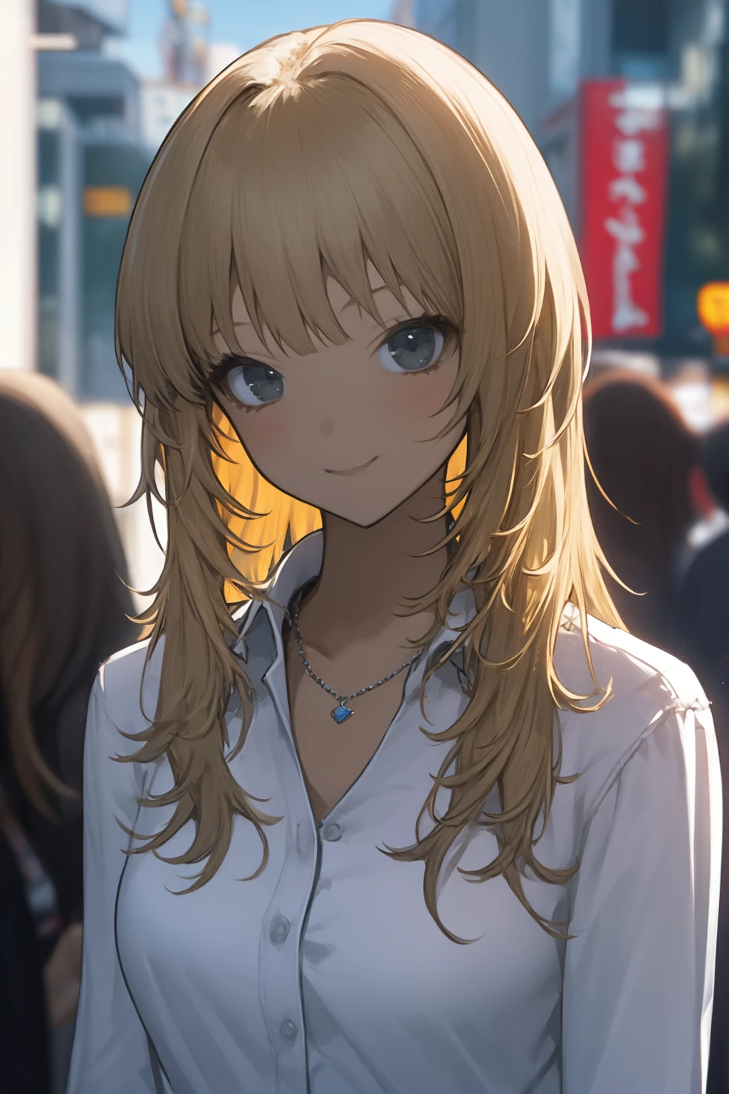 masterpiece, best quality, 1girl, bangs, blonde hair, long hair, closed mouth, collared shirt, looking at viewer, necklace, outdoors, shirt, smile, solo, upper body, wangxi, white shirt, blurry background, depth of field <lora:WangxiNAI:1>