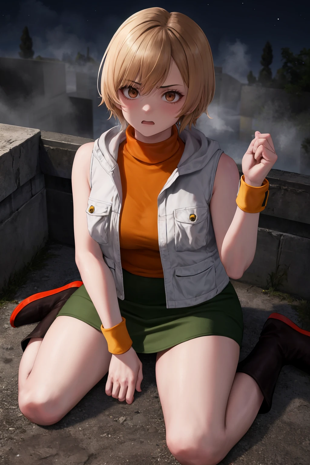 masterpiece, best quality, 1girl, solo, <lora:heathermason-sh-richy-v1_1:1> heatherdef, brown eyes, white vest, turtleneck, sleeveless, wristband, miniskirt, green skirt, knee boots, wariza, sitting, wide-eyed, scared, (dark, darkness, night:1.3), from above, outdoors, concrete, foggy, fog