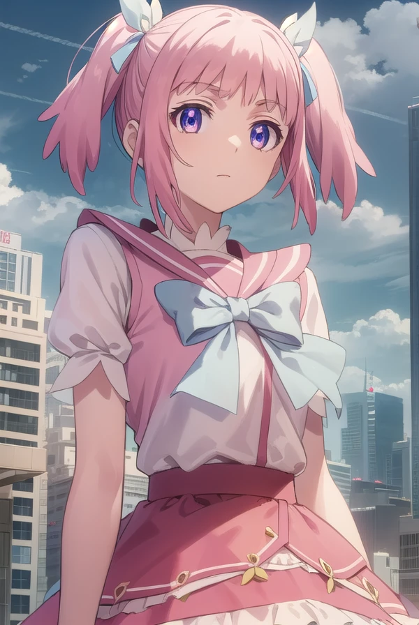 mamikakirameki, <lora:mamika kirameki s1-lora-nochekaiser:1>,
mamika kirameki, twintails, (purple eyes:1.1), pink hair,
BREAK skirt, gloves, magical girl, bike shorts, heart, bow, blue bowtie, puffy sleeves, frills,
BREAK outdoor, city, sky, buildings, sun, clouds,
BREAK looking at viewer, (cowboy shot:1.5),
BREAK <lyco:GoodHands-beta2:1>, (masterpiece:1.2), best quality, high resolution, unity 8k wallpaper, (illustration:0.8), (beautiful detailed eyes:1.6), extremely detailed face, perfect lighting, extremely detailed CG, (perfect hands, perfect anatomy),