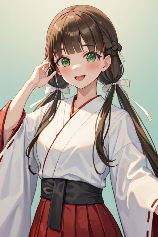 best quality, masterpiece, highres, solo, {white kimono:1.35}, {red hakama:1.35}, {wide sleeves:1.20}, {sakurakouji_kinako_lovelivesuperstar:1.15}, bangs, brown_hair, long_hair, green_eyes, twintails, low_twintails, blunt_bangs, smile, braid, blush, ribbon, open_mouth, breasts, hair_ribbon