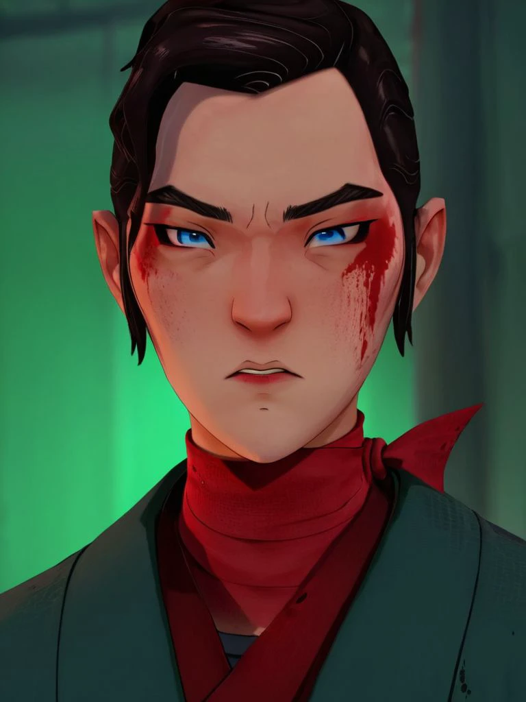 Mizu, solo,looking at viewer,short hair,blue eyes,shirt,black hair,1boy,closed mouth,jacket,male focus,blood,makeup,looking down,thick eyebrows,red shirt,portrait,red jacket,green background,blood on face,blood on clothes <lora:BlueEyES2:1>