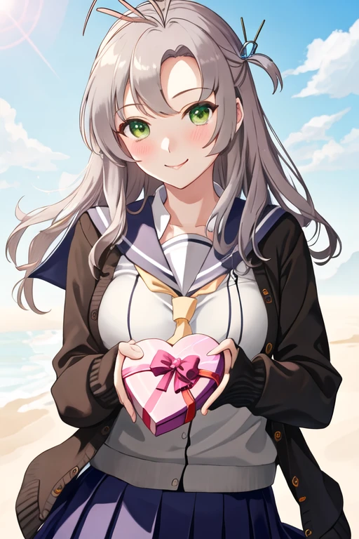 best quality, masterpiece, highres, solo, {kinugasa_kantaicollection:1.15}, green_eyes, grey_hair, antenna_hair, long_hair, breasts, smile, hair_tie, 1girl, blush, box, gift, heart-shaped_box, looking_at_viewer, one_side_up, school_uniform, serafuku, valentine, gift_box, heart, cardigan, holding, holding_gift, sailor_collar, long_sleeves, necktie, skirt, yellow_necktie, blue_sailor_collar, ribbon, upper_body