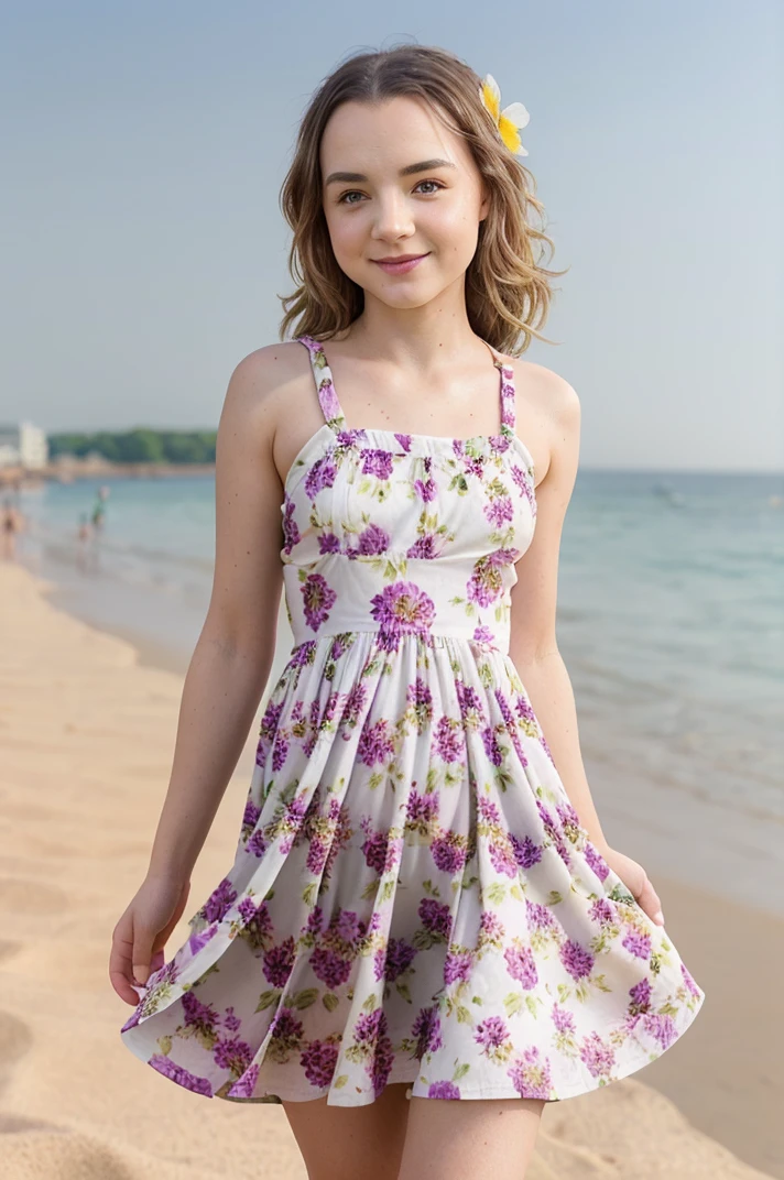 tvMona_Blue_v1, standing, on a beach, (((wearing a floral print sundress))), full body shot, holding a flower, flirting with the camera, ((Photo Focus, DOF, Aperture, insanely detailed character, hypermaximalist, hyper realistic, )), ((golden hour))