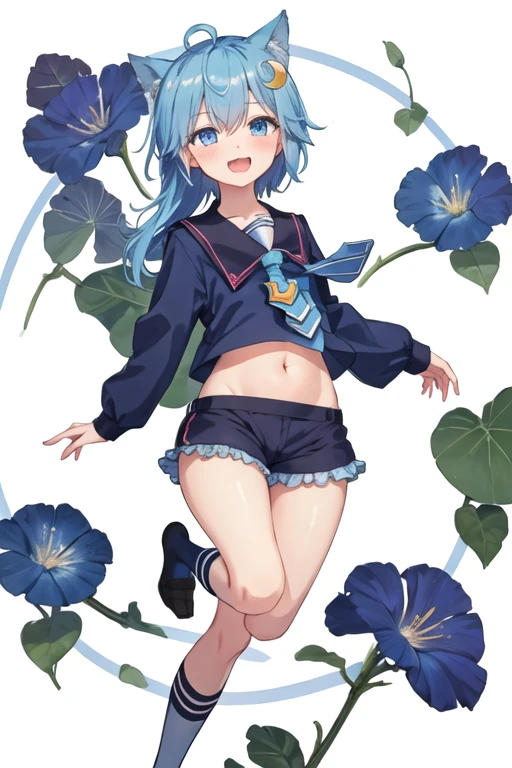 best quality, masterpiece, highres, solo, {minazuki_kantaicollection:1.15}, blue_hair, blue_eyes, asymmetrical_hair, short_hair_with_long_locks, open_mouth, smile, serafuku, blush, crescent, fang, necktie, blue_necktie, crescent_pin, 1girl, ahoge, blouse, blue_shirt, blue_shorts, frilled_shorts, frills, kneehighs, looking_at_viewer, school_uniform, shirt, shorts, socks, full_body, long_sleeves, navel, simple_background, white_background