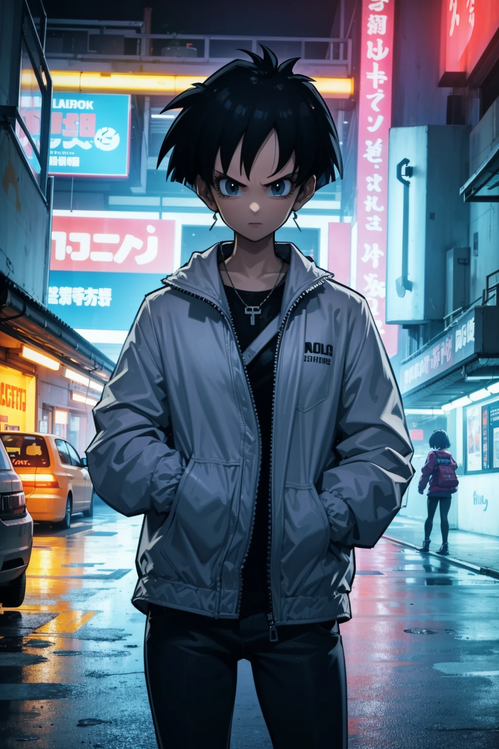 masterpiece, best quality, 1girl, videl, black hair, short hair, blue eyes, jacket, pants, serious, looking at viewer, solo, cyberpunk, solo, neon light, night, cyberpunk city background <lora:Videl:1> <lora:WangxiNAI:1>