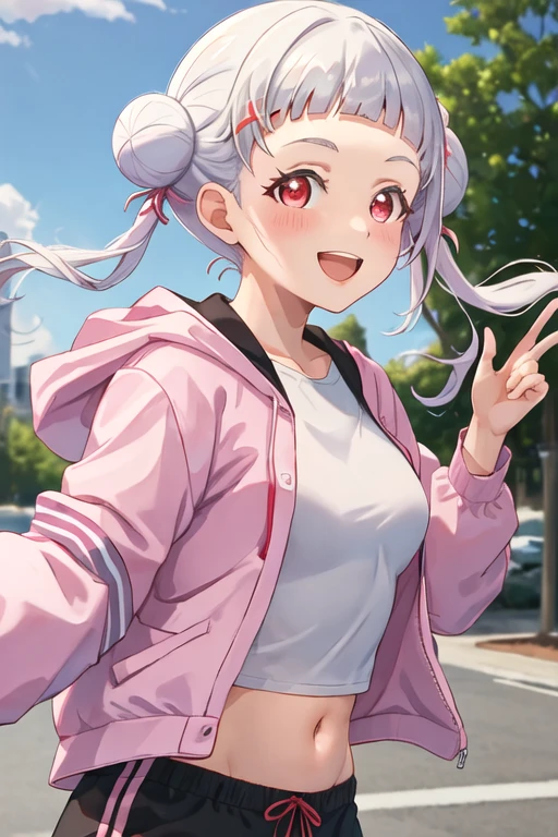 best quality, masterpiece, highres, solo, {arashi_chisato_lovelivesuperstar:1.15}, bangs, white_hair, hair_bun, double_bun, red_eyes, smile, blush, twintails, long_hair, blunt_bangs, open_mouth, 1girl, looking_at_viewer, single_sidelock, upper_body, birthday, jacket