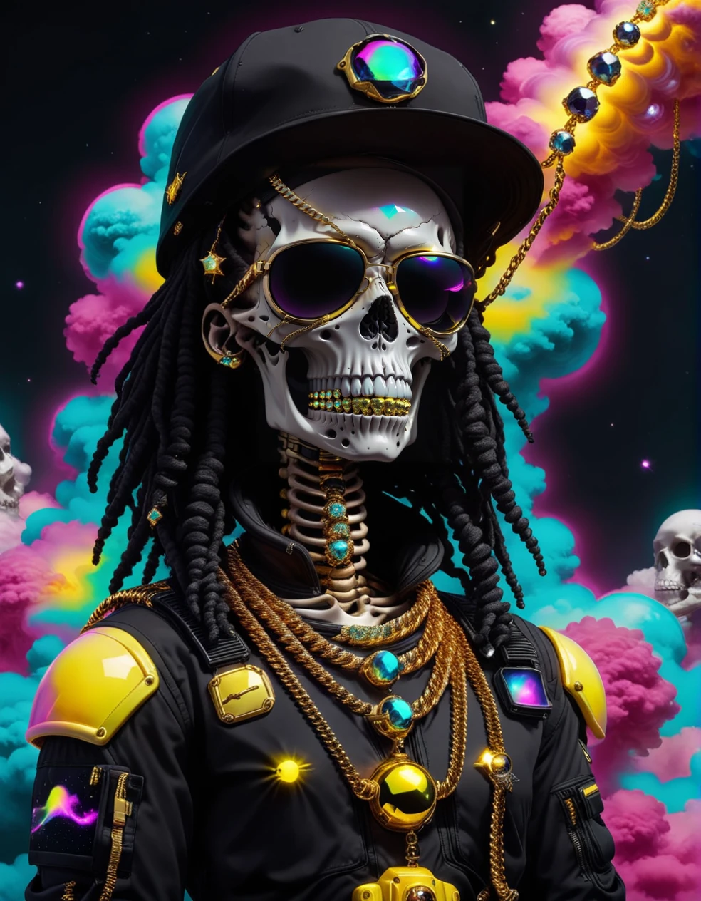 <lora:SkeletoNaut-000009:1>  SkeletoNaut black and yellow vaporwave style clouds, skeleton astronaut, aura, vibrant energy,  wearing diamond and gold cuban links necklaces,  black bling bling military space suit, a ton of jewelry, fitted ball cap, forward facing, dreadlocks