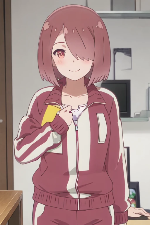best quality, masterpiece, highres, solo, {miyako_hoshino_watashinitenshigamaiorita:1.15}, brown_hair, short_hair, blush, hair_over_one_eye, red_eyes, bangs, closed_mouth, 1girl, jacket, red_jacket, smile, track_jacket, looking_at_viewer, upper_body, collarbone, medium_hair, track_suit, indoors