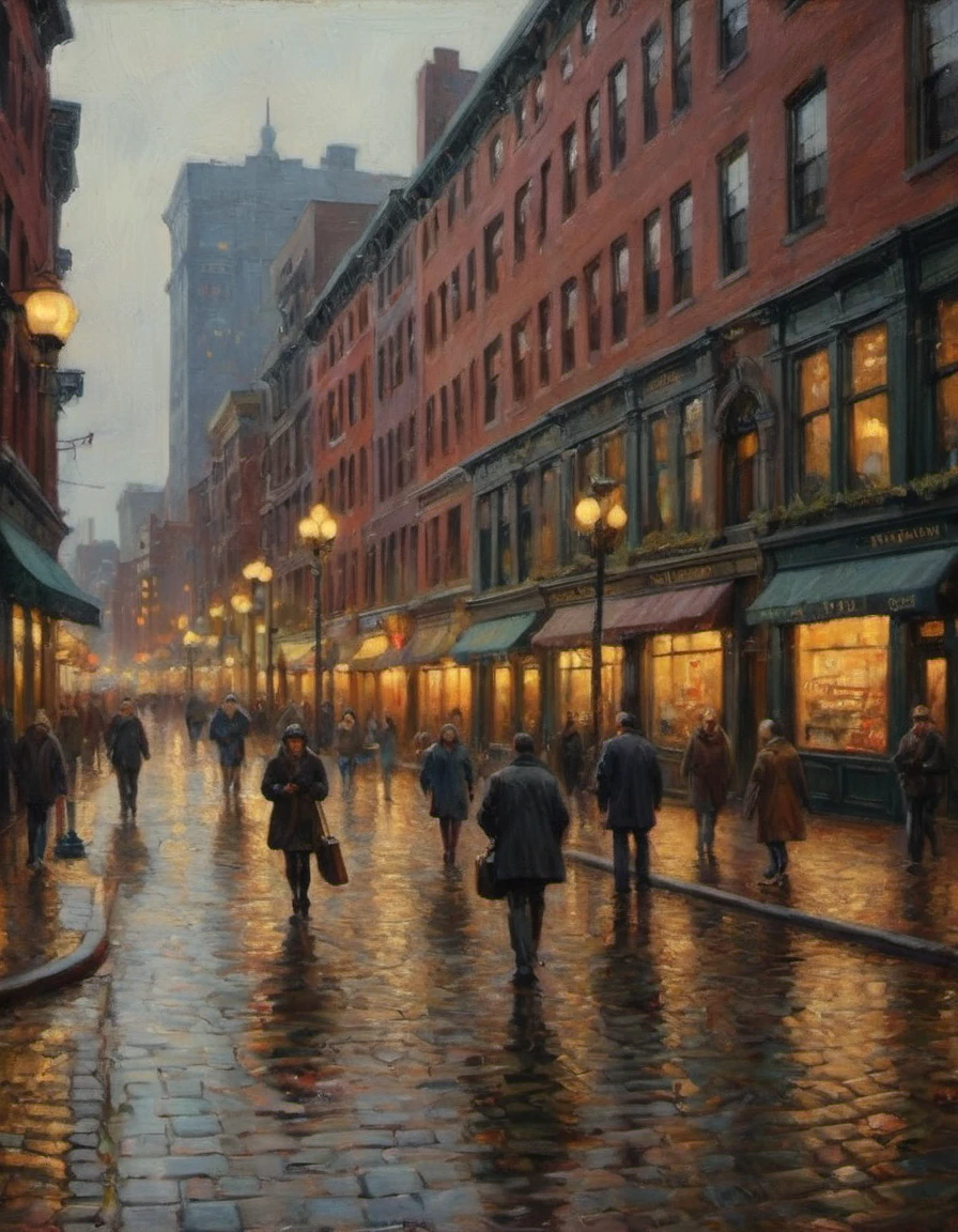 contemporary Boston North End late afternoon shops and pedestrians shopping wet cobblestone streets warm electric lights from shops and street lights
