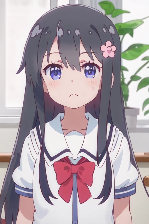 best quality, masterpiece, highres, solo, {hana_shirosaki_watashinitenshigamaiorita:1.15}, black_hair, long_hair, bangs, blush, blue_eyes, hair_between_eyes, hair_ornament, closed_mouth, flower, hair_flower, pink_flower, 1girl, bow, red_bow, sailor_collar, sailor_dress, school_uniform, white_sailor_collar, child, female_child, shirt, dress, white_shirt, upper_body, bowtie, indoors, looking_at_viewer, blue_dress