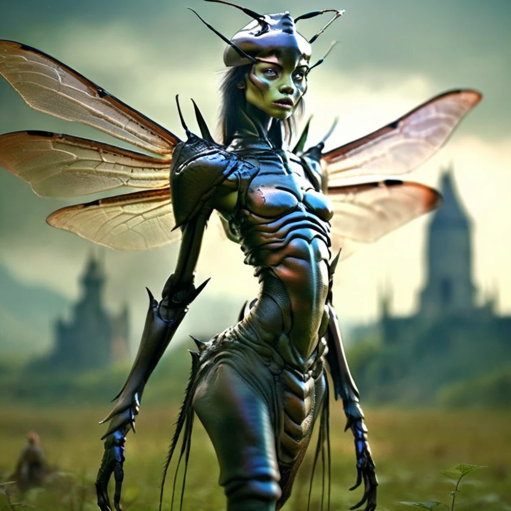 A cyborg girl wearing a butterfly-like plug suit、Detailed skin、Actual item、Deep in the forest、photograph、Butterfly Wings、Ancient Technology、Model pose、cyber punk、skeleton、Blue lens flare、anamorphic Lens、Wide-angle lens、goddess、nsfw:1.4