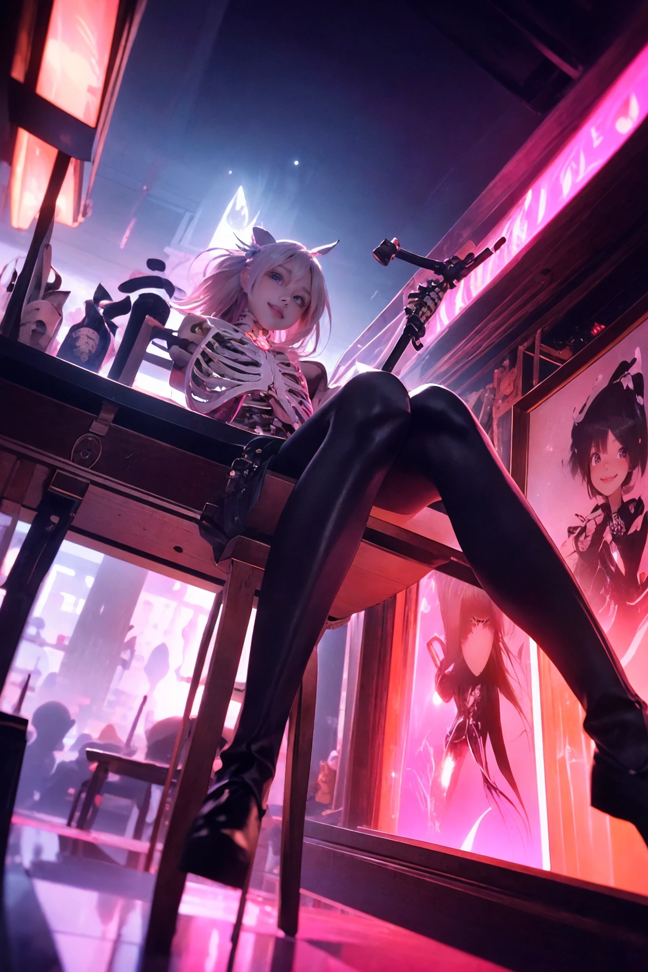 (wide shot, wide-angle lens,Panoramic:1.2),super vista, super wide AngleLow Angle shooting, super wide lens,
tavern scenes, charming personified skeleton, charming anime characters, i can't believe how beautiful this is, light magenta and dark gray, vanitas paintings, acidic and luminous colors, candid moments captured, luminous and dreamlike scenes, nightcore, i can't believe how beautiful this is, light magenta and dark gray, (light magenta:1.5),
(full body:1.1), Dynamic Angle, Perspective, High Point,pov (from below:1.4),
A shot with tension(Visual impact,giving the poster a dynamic and visually striking appearance:1.2),
<lora:~Q?-_NuLR tavern scenes8:0.8>