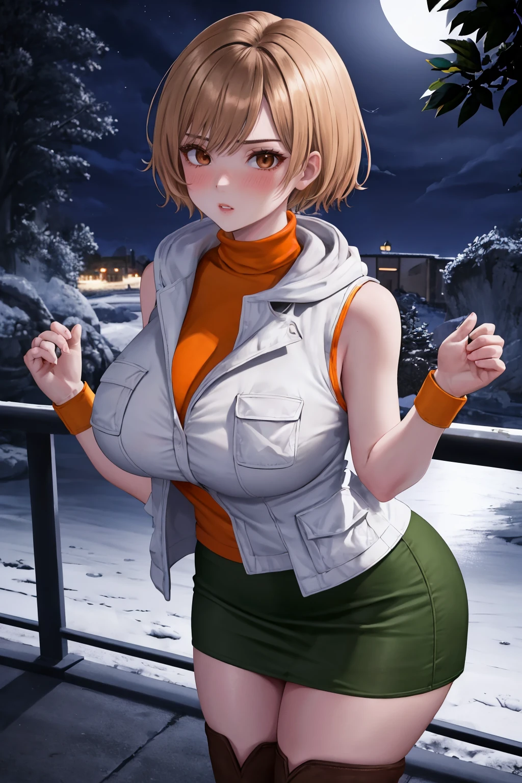 masterpiece, best quality, 1girl, solo, <lora:heathermason-sh-richy-v1_1:1> heatherdef, brown eyes, white vest, turtleneck, sleeveless, wristband, miniskirt, green skirt, brown knee boots, standing, blush, parted lips, (dark, darkness, night:1.3), outdoors, huge breasts