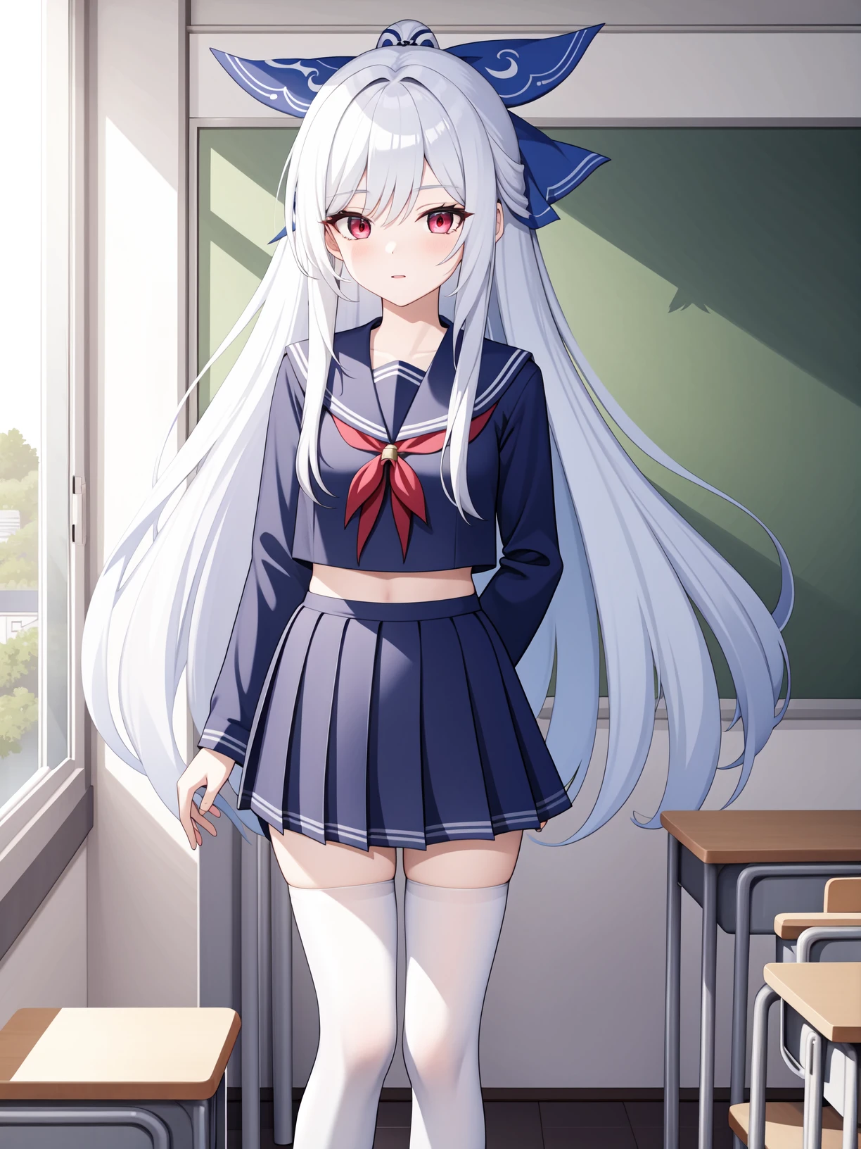 <lora:jingliu-000012:0.75>,jingliu,1girl,solo,long hair,red eyes,bangs,white hair,very long hair,school uniform,classroom,jk,serafuku,white silk stockings,white tights,hair bow,, 1girl,
,  (masterpiece,best quality:1.2),absurdres