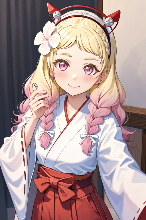 best quality, masterpiece, highres, solo, {white kimono:1.35}, {red hakama:1.35}, {wide sleeves:1.20}, {onitsuka_natsumi_lovelivesuperstar:1.15}, blonde_hair, multicolored_hair, gradient_hair, pink_hair, braid, long_hair, twin_braids, pink_eyes, hair_ornament, smile, flower, hair_flower, blush, bangs, red_eyes