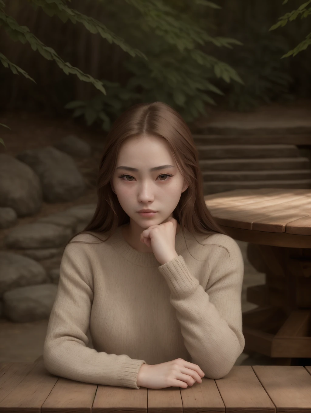 masterpiece, best quality, realistic, (extreme closeup, face focus, headshot:1.2), woman, Chu, solo, plain knit sweater, looking at viewer, sitting at a table, pretty face, detailed eyes, serene park, spring flowers, <lora:MIO2:1>
