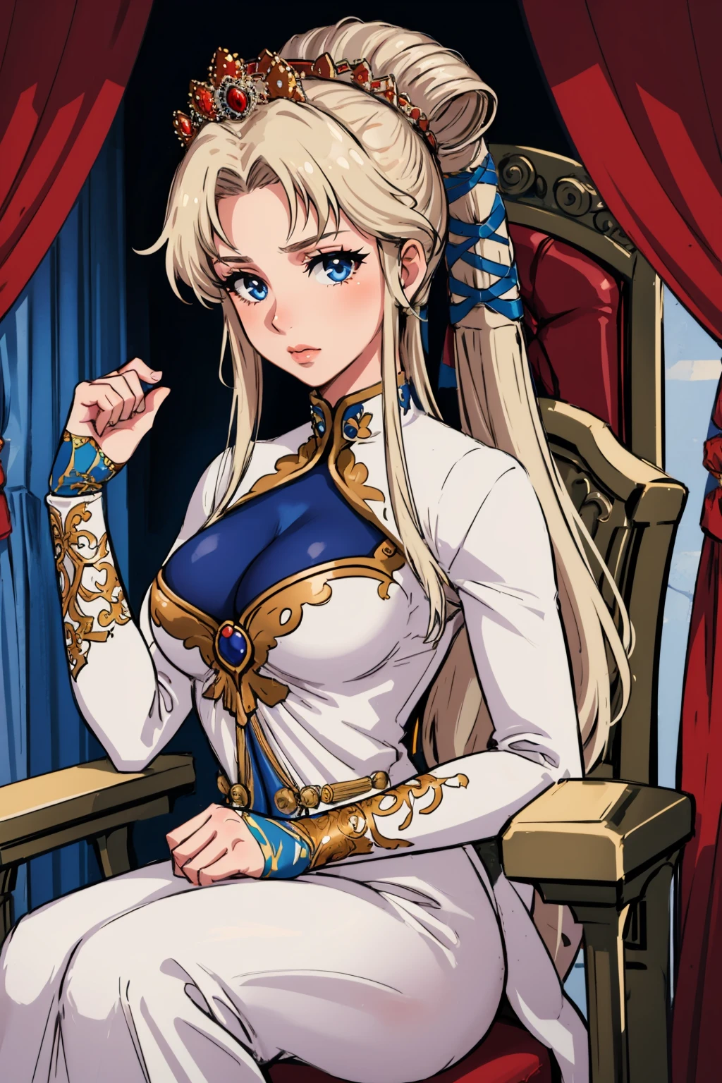 masterpiece, best quality, <lora:nyna-nvwls-v1-000009:0.9> nyna, hair ribbon, crown, white dress, long dress, long sleeves, large breasts, sitting, throne, looking at viewer, throne room, curtains, red carpet