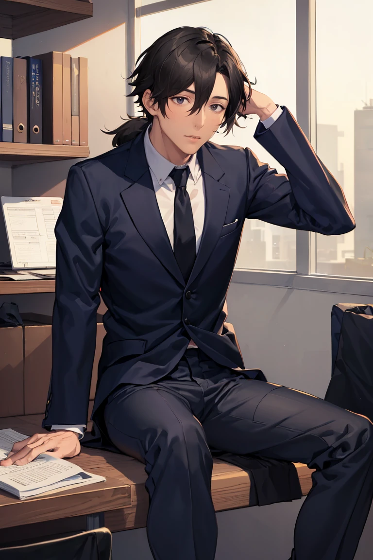 masterpiece, best quality, absurdres, 1boy, solo, SakamotoRyouma, black hair, ponytail, formal, black suit, necktie, office, sitting, <lora:SakamotoRyouma:1>