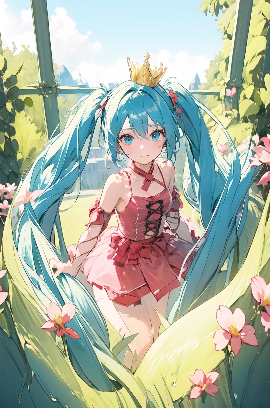 1girl,solo,panorama,chain,bow tie,crown,flower,detached sleeves,red dress,puttee,dance shoes,RAC,<lora:RomeoAndCinderella:0.8>,<lora:mikuhatsunetest:1>,miku hatsune,ahoge,aqua eyes,aqua hair,crossed bangs,hair between eyes,long hair,twintails,(castle:1.6),(night:1.3),(star \(sky\):1.3),, masterpiece,best quality,highres,ultra high res,(abstract art:1.2),2d,(highlydetailed),(colorful),(intenseexpression),(fashionable),