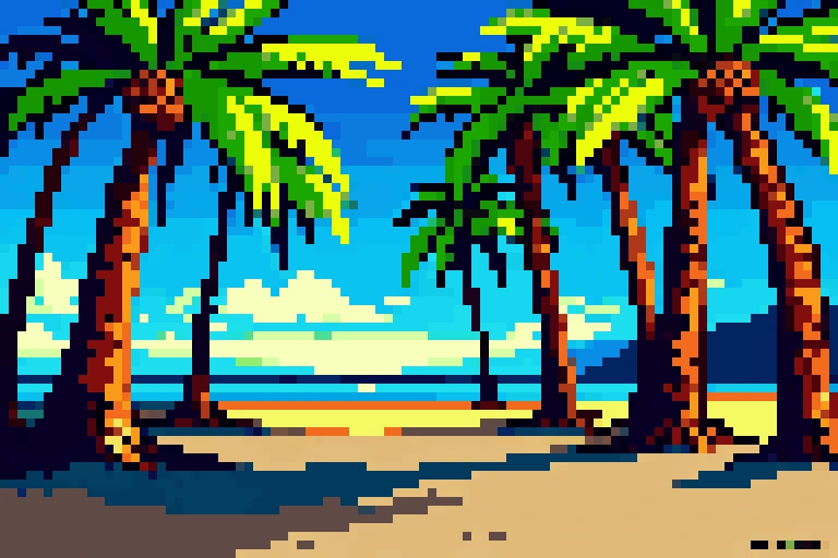 pixelart, no humans, palm trees, beach,
highly detailed, dark light, 4k