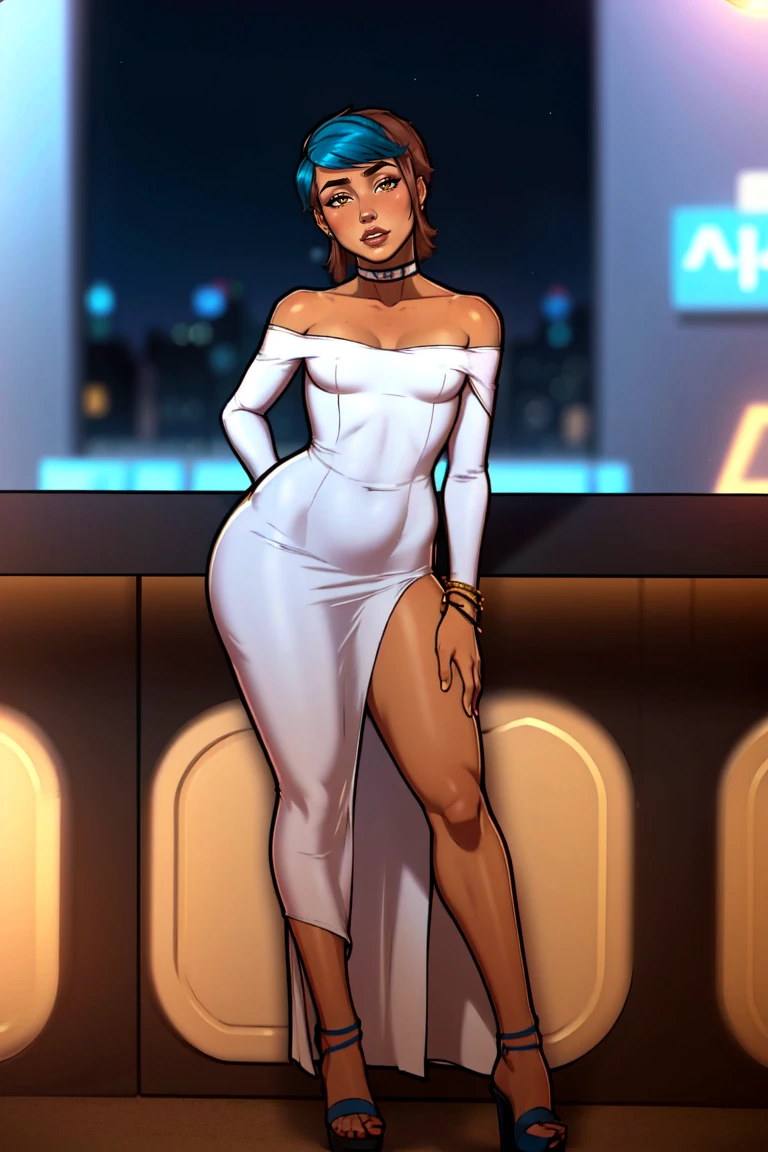 (masterpiece, best quality:1.2),intricate details, <lora:misterppstyleV4:1> misterppstyle, 1girl, solo,pretty face, looking at viewer, breasts, looking at viewer, arms crossed, brown hair, hat, dress, bare shoulders, jewelry, standing, full body, yellow eyes, sidelocks, small breasts, parted lips, choker, off shoulder, white dress, bracelet, tan female, lips, strapless, makeup, toes, thick thighs, sandals, strapless dress, blue hair highlights, wide hips, off-shoulder dress, long dress, narrow waist, leaning on bar, blurry dance club background