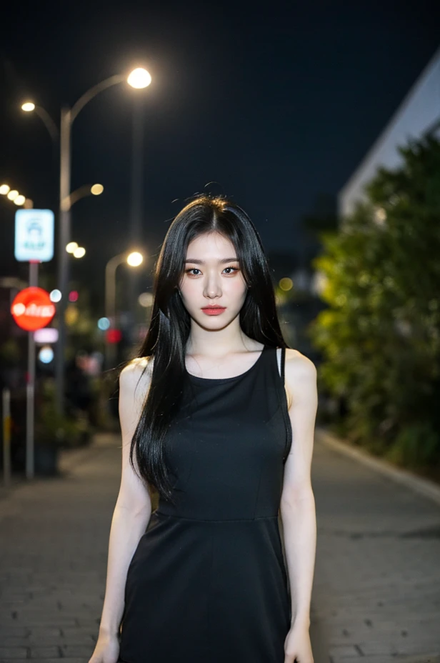 masterpiece, best quality, (((1girl))), solo, realistic, (intricate, highly detailed:1.2), ((looking at viewer)), photorealistic, (extremely detailed face), looking at viewer, ((ultra-detailed eyes and pupils)), black eyes, ultra detailed, (standing against a street at night), (night:1.5), sleeveless tight dress, <lora:chaeryeonglorashyv1_5:1>,