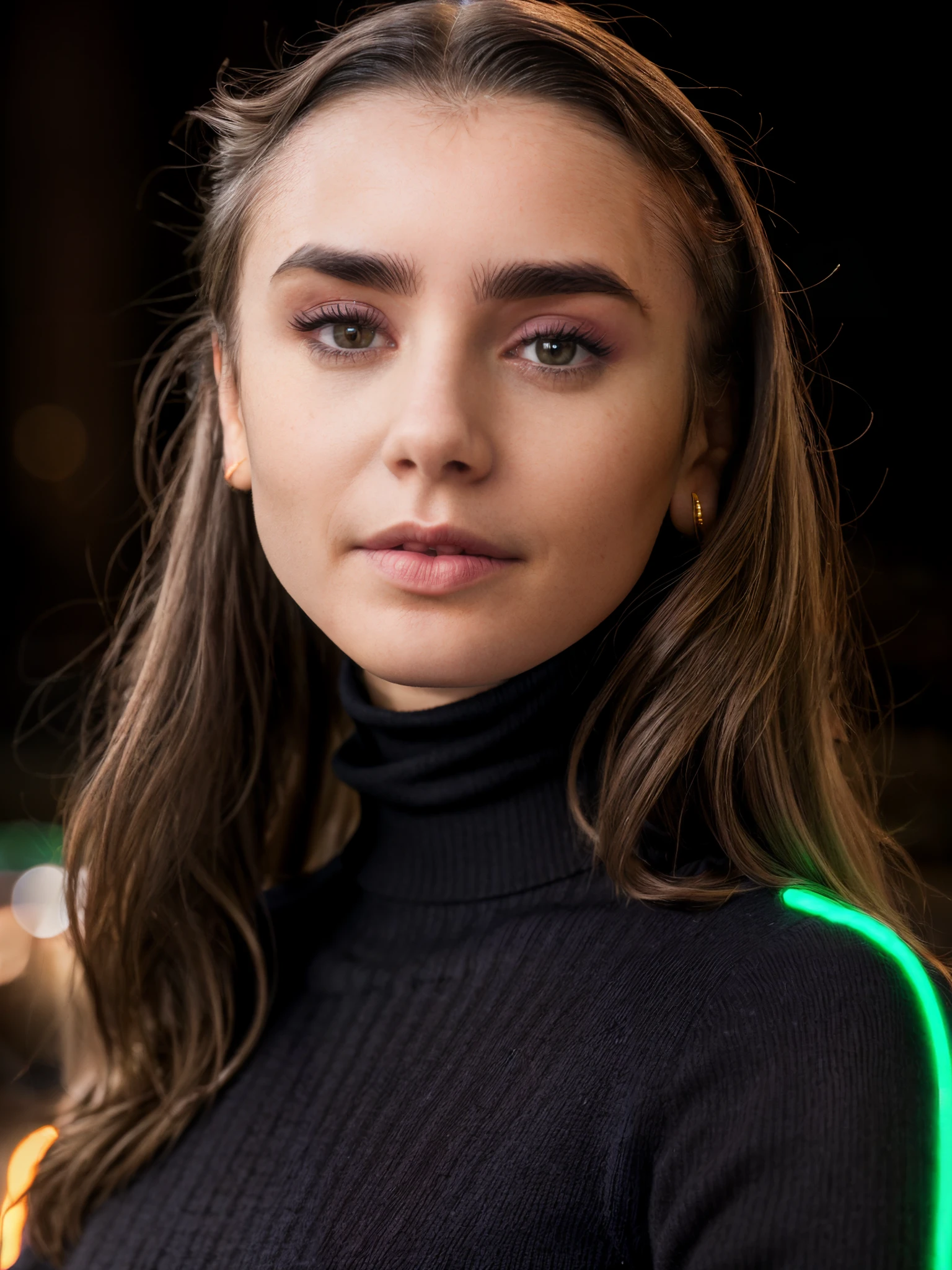 llcoll,long hair,brown hair,close-up,turtleneck,dof,night,neon lights,city street,bokeh