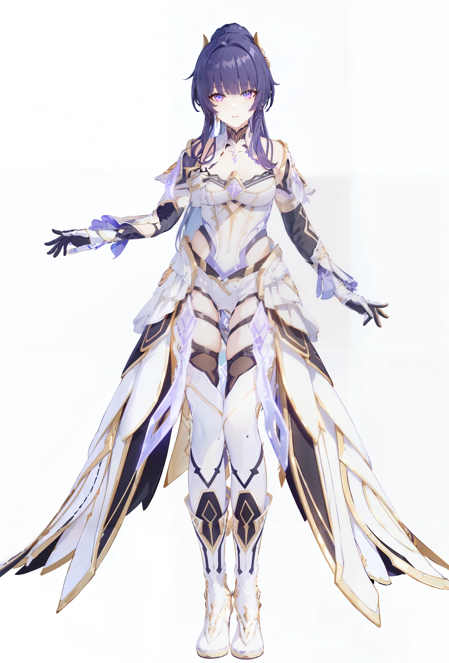 8k, best quality, masterpiece, (ultra-detailed:1.1), (high detailed skin),
(full body:1.3), white background, standing, looking at viewer, (solo:1.4),
<lora:shiyuan-v100:0.8:lbw=OUTALL>, shiyuan, 1girl, gloves, full body, looking at viewer, purple eyes, long hair, black gloves, bangs, bare shoulders, purple hair, gloves, hair ornament, ponytail
(white background, simple background:1.6),
(beautiful_face), ((intricate_detail)), clear face,
((finely_detailed)), fine_fabric_emphasis,
((glossy)), full_shot,