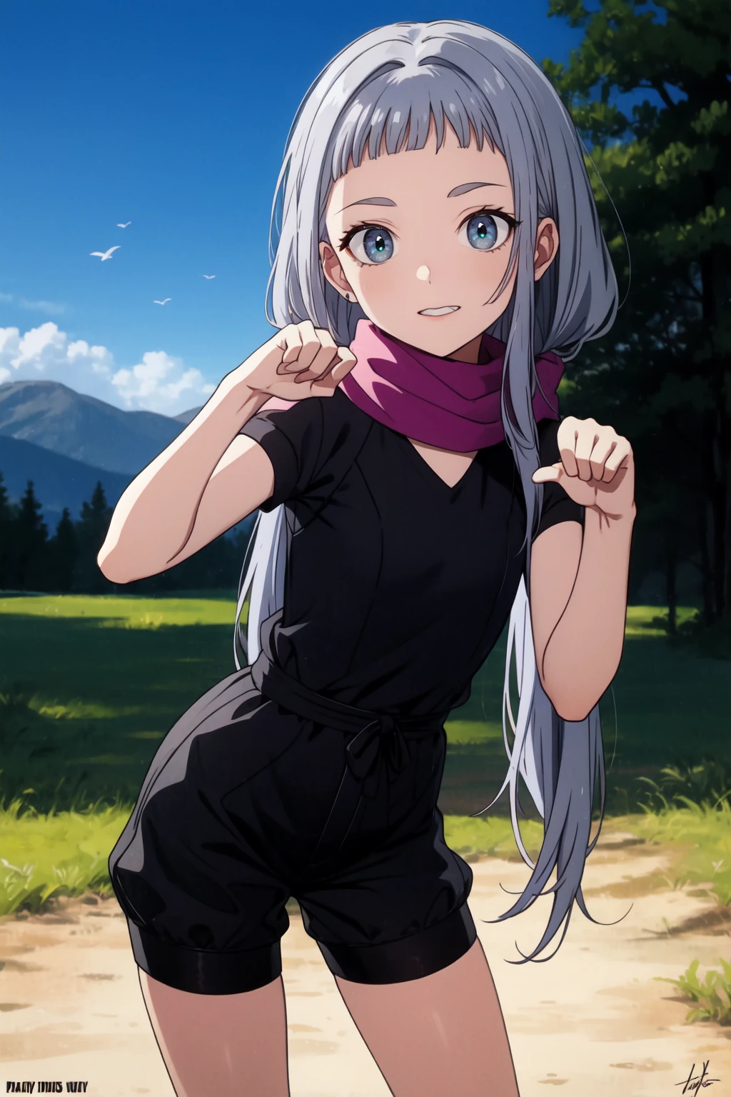<lora:proportion_helper_prototype1:1><lora:concept-shortbangs:0.2> , (masterpiece, best quality, SFW:1.2), digital painting, tendrils, tone mapping, diffused lighting
BREAK
1girl, furled brow, grin, looking at viewer, forehead, (cute, petite:1.2), flat_chest, (gray hair, absurdly long hair, undercut:1.2), (gainsboro eyes:1.2)
BREAK
( romper, scarf)
BREAK
vanishing point,close-up, paw pose
BREAK
outdoors, mountain