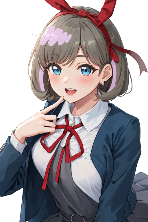 best quality, masterpiece, highres, solo, {tang_keke_lovelivesuperstar:1.15}, short_hair, bangs, blue_eyes, grey_hair, smile, blush, ribbon, neck_ribbon, red_ribbon, 1girl, blue_jacket, collared_shirt, jacket, looking_at_viewer, pinafore_dress, school_uniform, shirt, white_shirt, yuigaoka_school_uniform, dress, long_sleeves, open_clothes, open_jacket, open_mouth, shiny_hair, grey_dress, shiny, teeth, upper_body