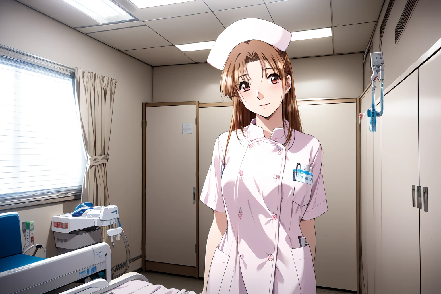 (RAW photo, best quality), 1girl,  natural lighting, hospital, operating room, solo,
 <lora:innai_kansen_shiromiya_asuka_v2_2-000001:1>, shiromiya asuka,  <lora:NurseUniform0_1:1> (white) nurse uniform, , nurse cap