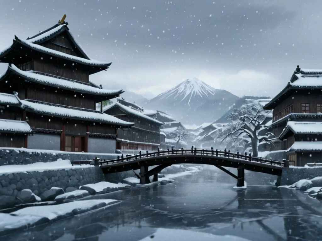 outdoors,sky,cloud,tree,no humans,cloudy sky,building,scenery,snow,snowing,mountain,architecture,house,winter,bridge,east asian architecture,grey sky <lora:BlueEyES2:1>