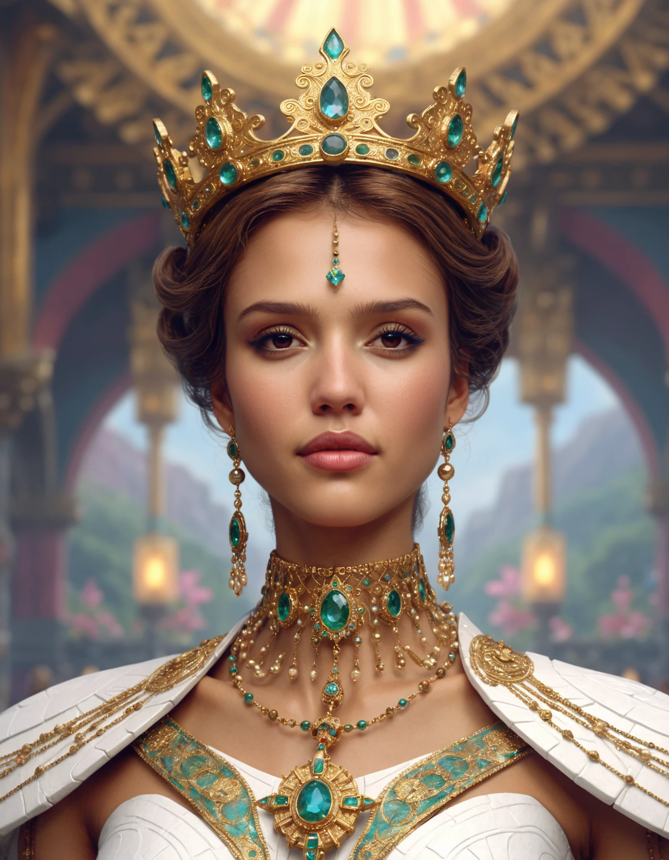 highly detailed portrait of ((ohwx woman)) as an elegant goddess, ornate crown, beautiful symmetrical face, digital painting, artstation, concept art, smooth, clear focus, illustration, greg rutkowski, artgerm, global lighting, detailed and fantasy <lora:jessicaalba_dh128_v1_sdxxxl:1>