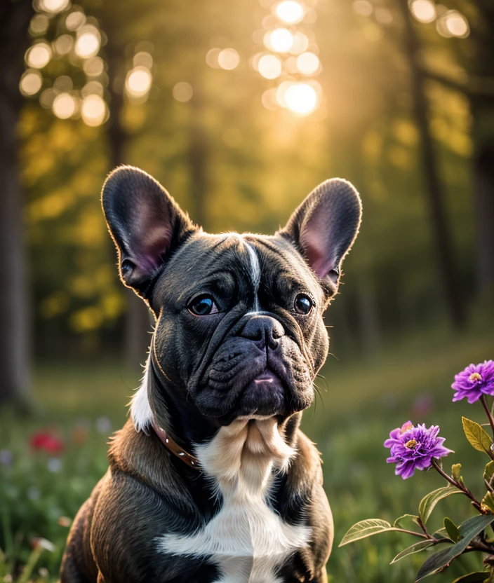 fr3nb7, Enchanted forest, spectacular light, upper body, Leaves, sunset, foglie, Colorful flowers, close portrait photo, Twilight, firelies, Green meadow, Ultra-HD-details, 200mm f/1.4