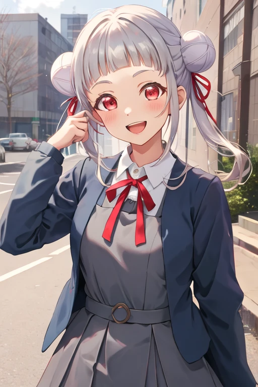 best quality, masterpiece, highres, solo, {arashi_chisato_lovelivesuperstar:1.15}, bangs, white_hair, hair_bun, double_bun, red_eyes, smile, blush, twintails, long_hair, blunt_bangs, open_mouth, 1girl, blue_jacket, grey_dress, jacket, looking_at_viewer, school_uniform, yuigaoka_school_uniform, dress, long_sleeves, neck_ribbon, red_ribbon, ribbon, upper_body, pinafore_dress