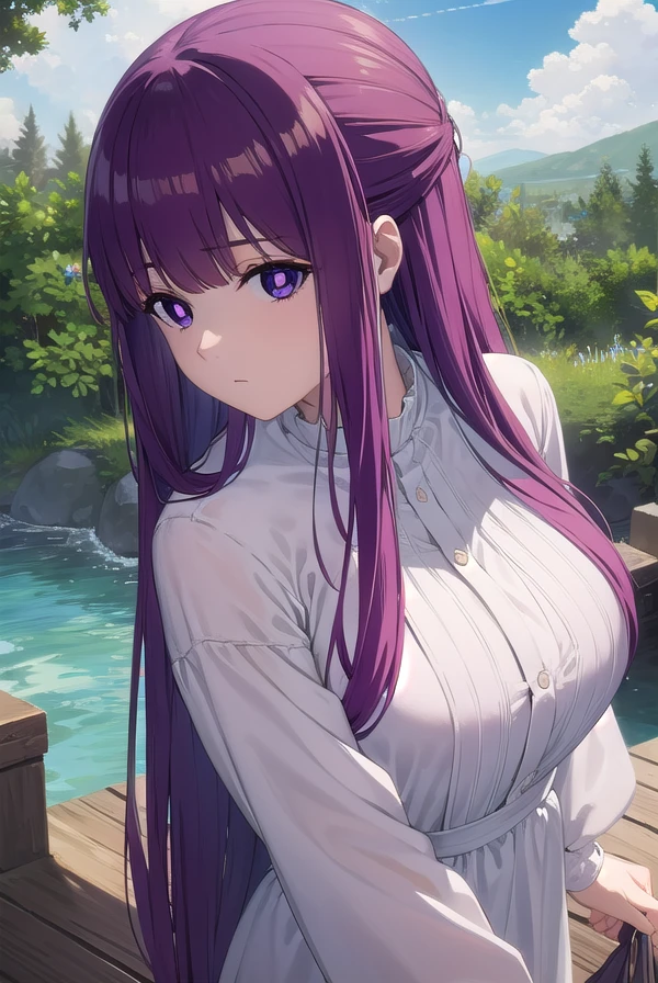 fern, <lora:fern s1-lora-nochekaiser:1>,
fern, long hair, bangs, (purple eyes:1.1), purple hair, sidelocks, blunt bangs, (bright pupils:1.5), half updo,
BREAK long sleeves, dress, white dress, long dress, robe, black robe,
BREAK outdoor, sky, clouds, sun, forest, trees,
BREAK looking at viewer, (cowboy shot:1.5),
BREAK <lyco:GoodHands-beta2:1>, (masterpiece:1.2), best quality, high resolution, unity 8k wallpaper, (illustration:0.8), (beautiful detailed eyes:1.6), extremely detailed face, perfect lighting, extremely detailed CG, (perfect hands, perfect anatomy),