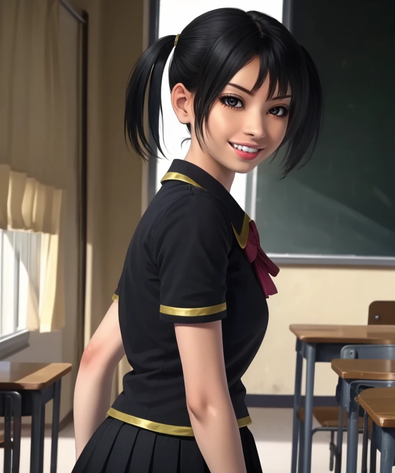 Kurusu,black hair,bangs,long twintails,black eyes,
black school uniform,short sleeves,black skirt,smile,teeth,
standing,upper body, from side, 
classroom,
(insanely detailed, beautiful detailed face, masterpiece, best quality),solo,<lora:Kurusu-11UmeV7:0.7>,