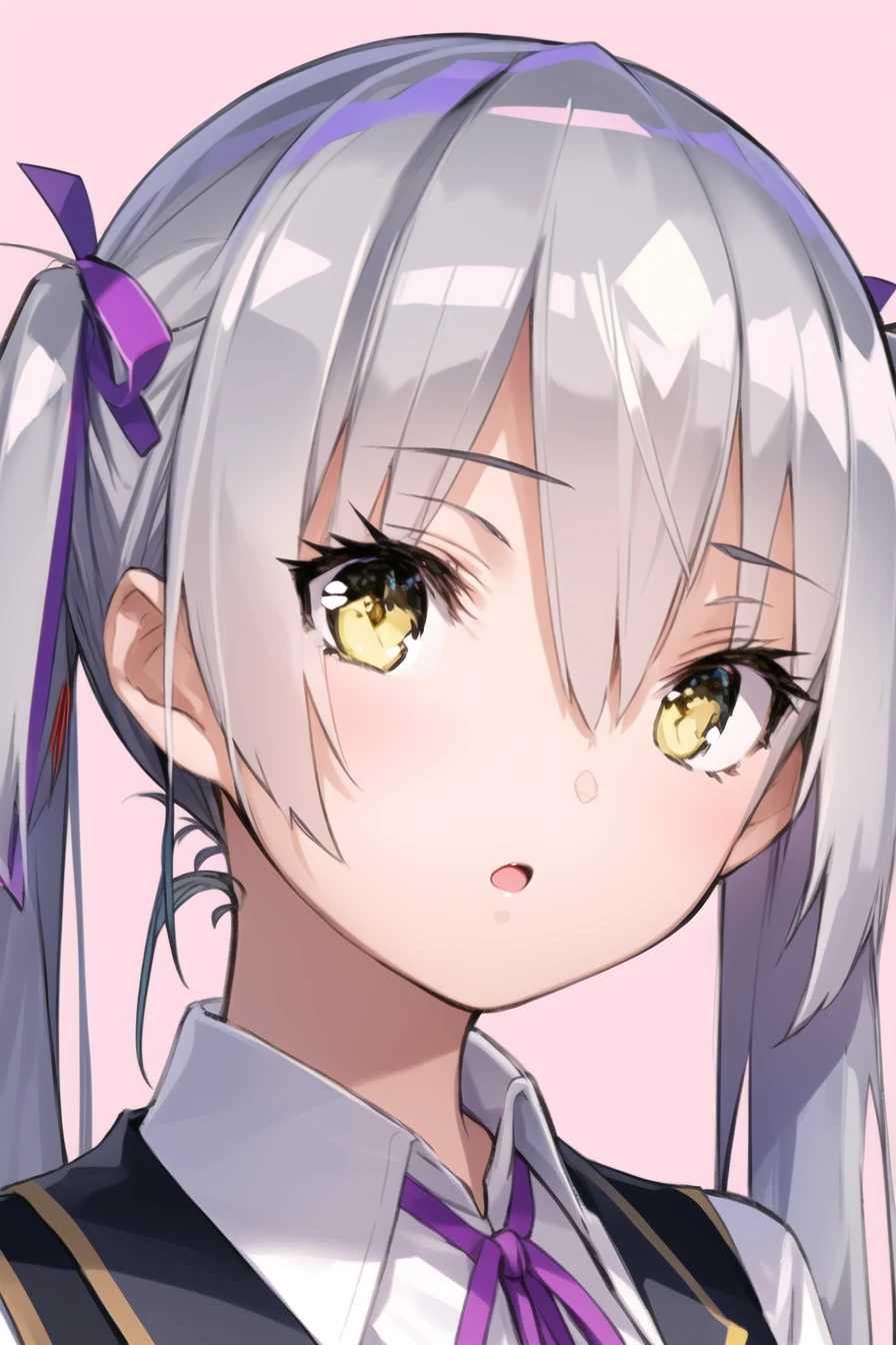 1girl, solo, ribbon, shirt, collared shirt, long hair, purple ribbon, neck ribbon, bangs, :o, parted lips, yellow eyes, twintails, white shirt, hair between eyes, grey hair, portrait, hair ribbon, open mouth, looking at viewer, <lora:hbr:0.8>