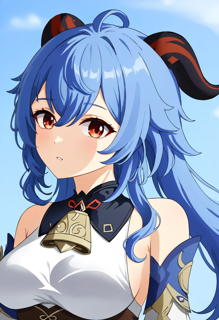 genshin impact ganyu 1girl, upper body, horns, blue hair, red eyes,