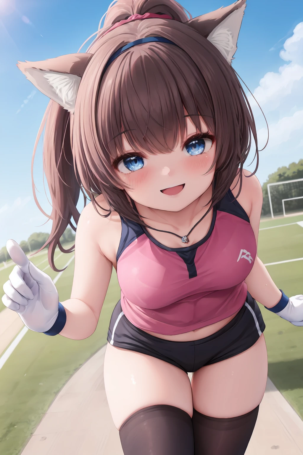 (girl): solo,(perfect face),(detailed outfit),(20 years old),cute girl,(fox ears),excited,(smiling),(running),brown hair,long hair,(ponytail),blue eyes,light skin,medium breasts,(pink running wear, sleeveless),(black gym shorts, white thighhighs),(hairband),(pendant),(black gloves) (background): from above,outdoor,(schoolyard),(sports festival),(banner),(blue sky),(white clouds),afternoon,sunny (effects): (masterpiece),(best quality),(sharp focus),(depth of field),(high res),