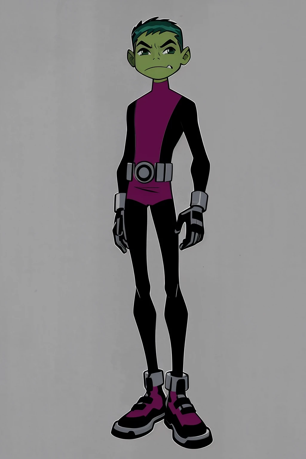 masterpiece, best quality, 1boy, beastboy, green hair, short hair, green eyes, green skin, body suit, gloves, belt, full body, looking at viewer, solo, standing, simple background <lora:BeastBoyTT:1>